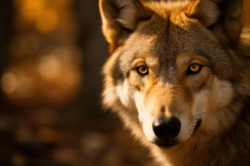 Obraz premium Close portrait of a wolf in the autumn forest