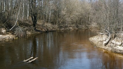 Spring river Uzola on a sunny day in the Nizhny Novgorod region - 593326486