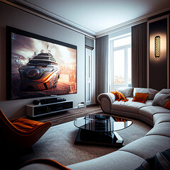 modern living room with a lavish couches and large LCD display!