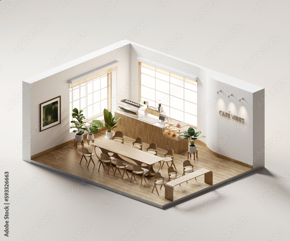 Poster isometric view minimal cafe store open inside interior architecture, 3d rendering digital art.
