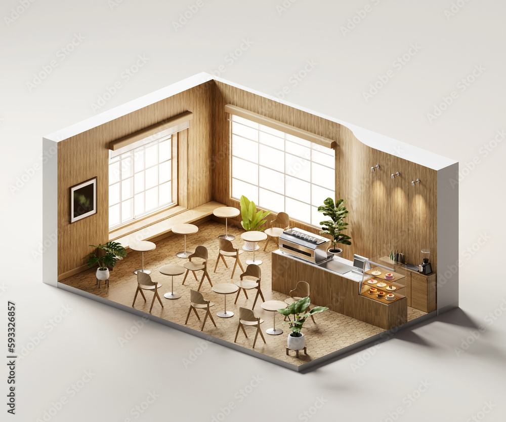 Poster isometric view minimal cafe store open inside interior architecture, 3d rendering digital art.