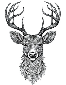 Deer head, black white illustration, outline for coloring book page, AI generative coloring card