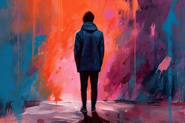 Illustration of a Man Standing in an Abstract, Colorful Environment. Generative AI