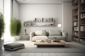 Modern Minimalism - A calming and ordered living room featuring a simple sofa, carefully curated decor, neatly arranged book pile and accents of artificial plants. Generate AI technology