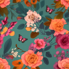 Seamless floral pattern with butterflies. Flower seamless background for any commercial use. AI generated