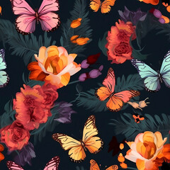 Seamless floral pattern with butterflies. Flower seamless background for any commercial use. AI generated