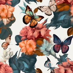 Seamless floral pattern with butterflies. Flower seamless background for any commercial use. AI generated