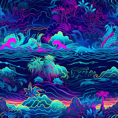 Fototapeta na wymiar Neon Tropical Paradise Fine Detail Night Colorful Seamless Pattern Generative AI