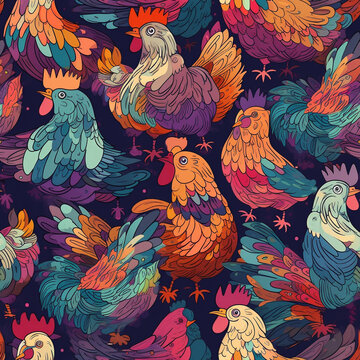 Colorful Roosters and Chickens Seamless Pattern Generative AI