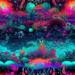 Obraz na płótnie Canvas Neon Tropical Paradise Fine Detail Night Colorful Seamless Pattern Generative AI
