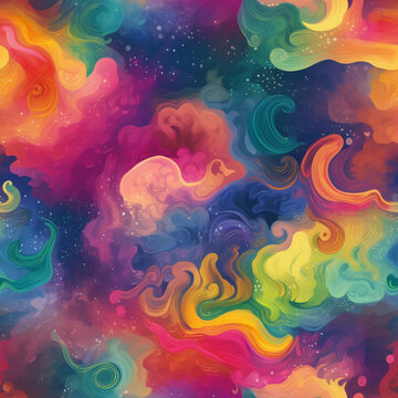 Colorful Cloud Galaxy Swirls Rainbow Space Stars Seamless Pattern Generative AI