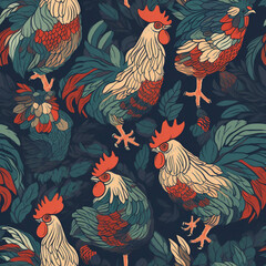 Roosters Red and Blue Country Pastoral Rural Rustic Farmhouse Homestead Southern Seamless Pattern Generative AI