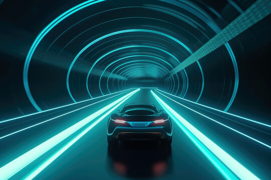Futuristic car driving in a tunnel - Generative AI