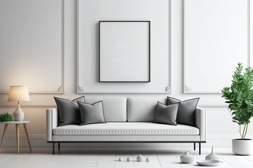 empty white frame with black border in modern living room with sofa, plant and lamp