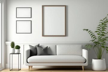 empty three white frames with brown border in modern living room with sofa and plants