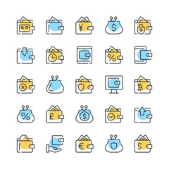 Wallet line icons. Set of wallet icons. Black, blue and yellow colors. Modern outline graphic design. Vector line icons set