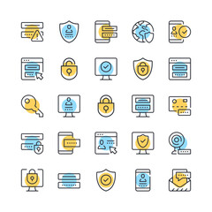 Password line icons. Set of data protection icons. Black, blue and yellow colors. Modern outline graphic design. Vector line icons set
