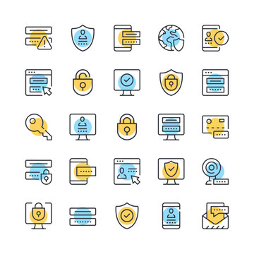 Password line icons. Set of data protection icons. Black, blue and yellow colors. Modern outline graphic design. Vector line icons set