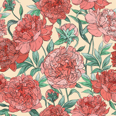 Seamless vintage pattern with bouquet of peonies