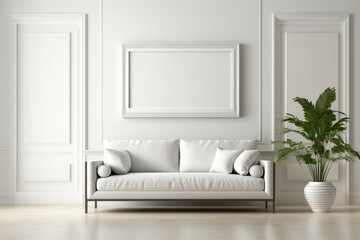 empty white frame with black border in modern living room in white wall background with white sofa and plant 