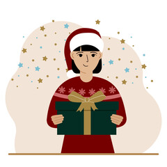 A woman with a New Year's gift. Concept of preparing for Christmas, new year, receiving a gift, christmas sale or secret santa claus.