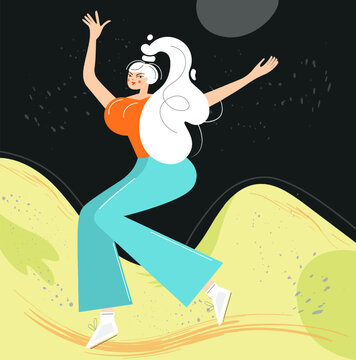 Happy dancing girl or woman in orange blouse. Vector illustration on a dark background in nature.