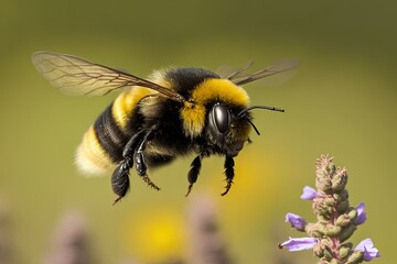 A Close up of a Bumblebee Flying in Front of a Flower - Generative AI
