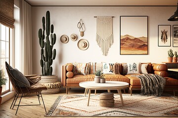 Minimal Clean Bohemian Style Living Room Interior Design - Generative AI
