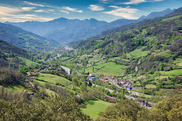 Fototapeta na wymiar Huerna valley near Cobertoria and Vega del Rey villages, Lena municipality, Asturias, Spain