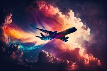 An Airplane Flying on an Abstract Nebula Space Background, Illustration Style - Generative AI
