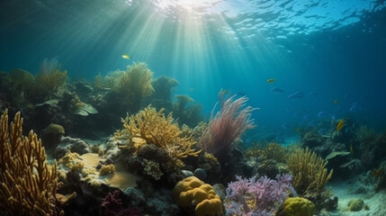Fototapeta na wymiar Underwater Diving Tropical Scene With Sea Life In The Reef Generative AI