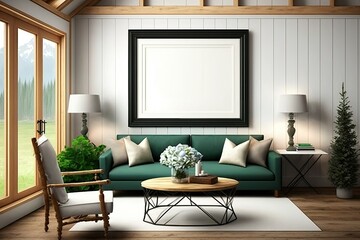 Blank Frame Mockup in an Cottage Living Room Interior Design - Generative AI
