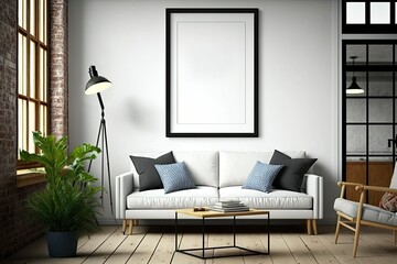 Blank Frame Mockup in an Industrial Living Room Interior Design - Generative AI

