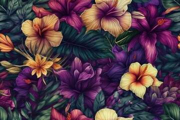Obraz na płótnie Canvas Seamless pattern Summer beautiful fantasy vintage wallpaper all tropical botanical flowers bunch,vintage motif for floral print digital background.generative ai.