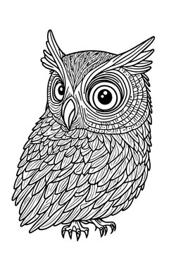 Zentangle stylized cartoon eagle owl, isolated on white background. Hand drawn sketch for adult anti-stress colouring page, T-shirt emblem, design room, cover, book and colouring page