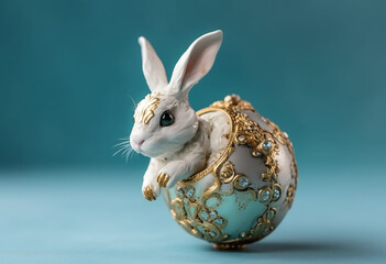 Sparkling Easter Egg Hunt: White Bunny on a Blue  Background - Generative Ai
