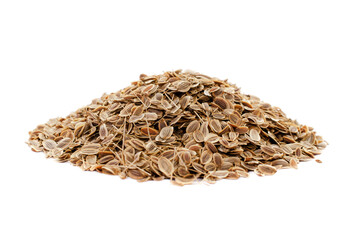 Heap of dried dill seeds isolated on white background, top view. Pile of dill seeds, top view....