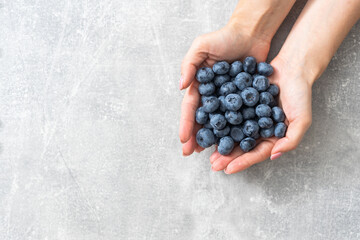 Female hand holding perfect fresh blueberries with berries also on the background. Large cultivated...