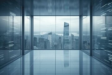 Fototapeta na wymiar A modern office building with a glass wall dividing the empty floor. Generative AI