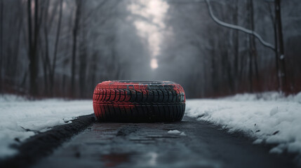 car tire without rim laying on icy frozen asphalt road next to red car in winter with some forest trees without leaves and snow on the side in background