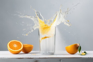 a white backdrop with a ripple and spray of orange juice. Generative AI