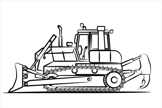 recommend clip art: Sketch of bulldozer with fang. Side view of a bulldozer for paving the road, commercial vehicle. Heavy backhoe construction machines equipment. Earth mover, bulldozer with tusk. Crawler bulldozer line