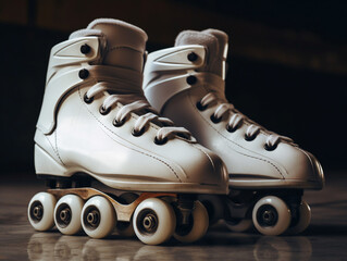 Retro white roller skate closeup for sport and active on black background. Generative AI