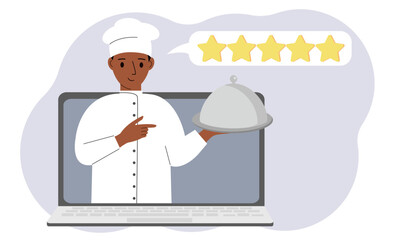A site with reviews of online grocery shopping through a laptop or ordering fast food delivery. The cook holds a tray with a lid or a plate with a lid.