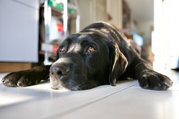 Old sleepy, lazy black labrador retriever dog in a house in a sunday morning sunrays.