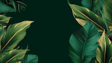 Fototapeta na wymiar A deep green background with gold and green tropical leaves around the edge. A.I. generated. 