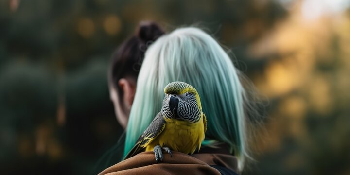 A pair of parakeets perched on their owners shoulder, nestled against a vibrant, cheerful backdrop, concept of Bonding with Pets, created with Generative AI technology