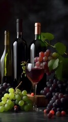 Obraz premium bottle, wine grapes glass on dark background