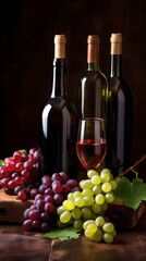 bottle, wine grapes glass on dark background