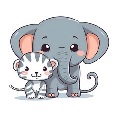 Fototapeta premium This simple and charming illustration features a comic elephant and a cat on a clean white background.